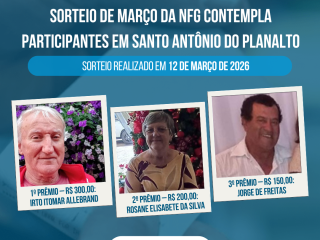 Sorteio de março da Nota Fiscal Gaúcha contempla participantes em Santo Antônio do Planalto