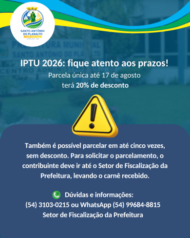 IPTU 2026 começa a ser entregue em Santo Antônio do Planalto com desconto para pagamento à vista