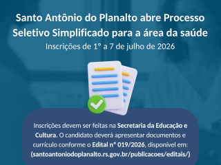 Santo Antônio do Planalto abre Processo Seletivo Simplificado para a área da saúde