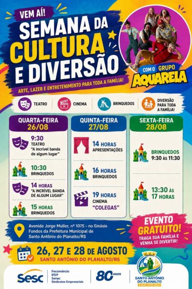 Semana da Cultura e Diversão terá teatro, cinema e brinquedos gratuitos em Santo Antônio do Planalto