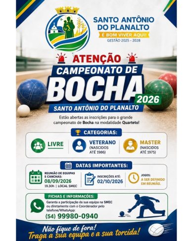 Santo Antônio do Planalto abre inscrições para o Campeonato de Bocha 2026