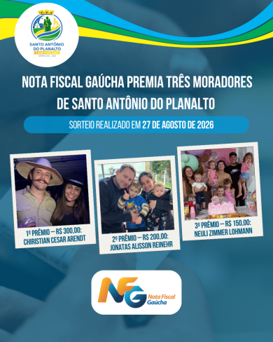 Nota Fiscal Gaúcha premia três moradores de Santo Antônio do Planalto em sorteio de agosto